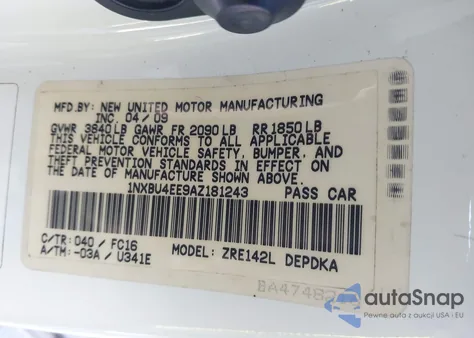 2010 Toyota Corolla Le z USA, uszkodzony, nr VIN 1NXBU4EE9AZ181243